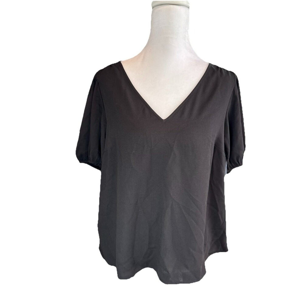 LC Lauren Conrad Blouse Petite M Black Short Flowy Sleeve Woven Tee Women's NWT